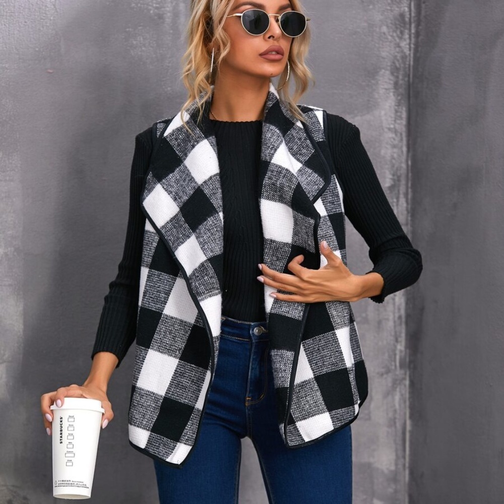 buffalo plaid waterfall vest fall tweed red - Picture 2 of 5